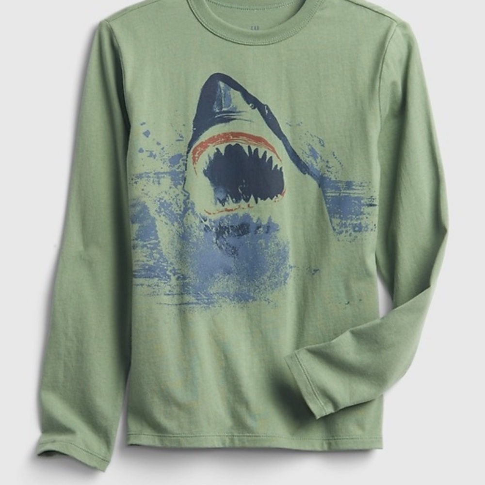 GAP Green and Blue Shark Graphic Long Sleeve Tee
